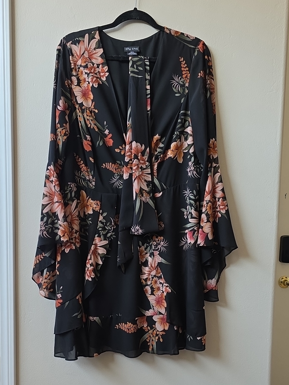 City Chic Black Floral Tie-Neck Ruffle Dress with Pink & Peach Blooms